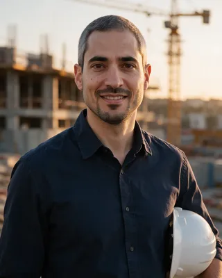 שחר אוחיון, עם קסדה מתחת לזרוע, באתר בנייה